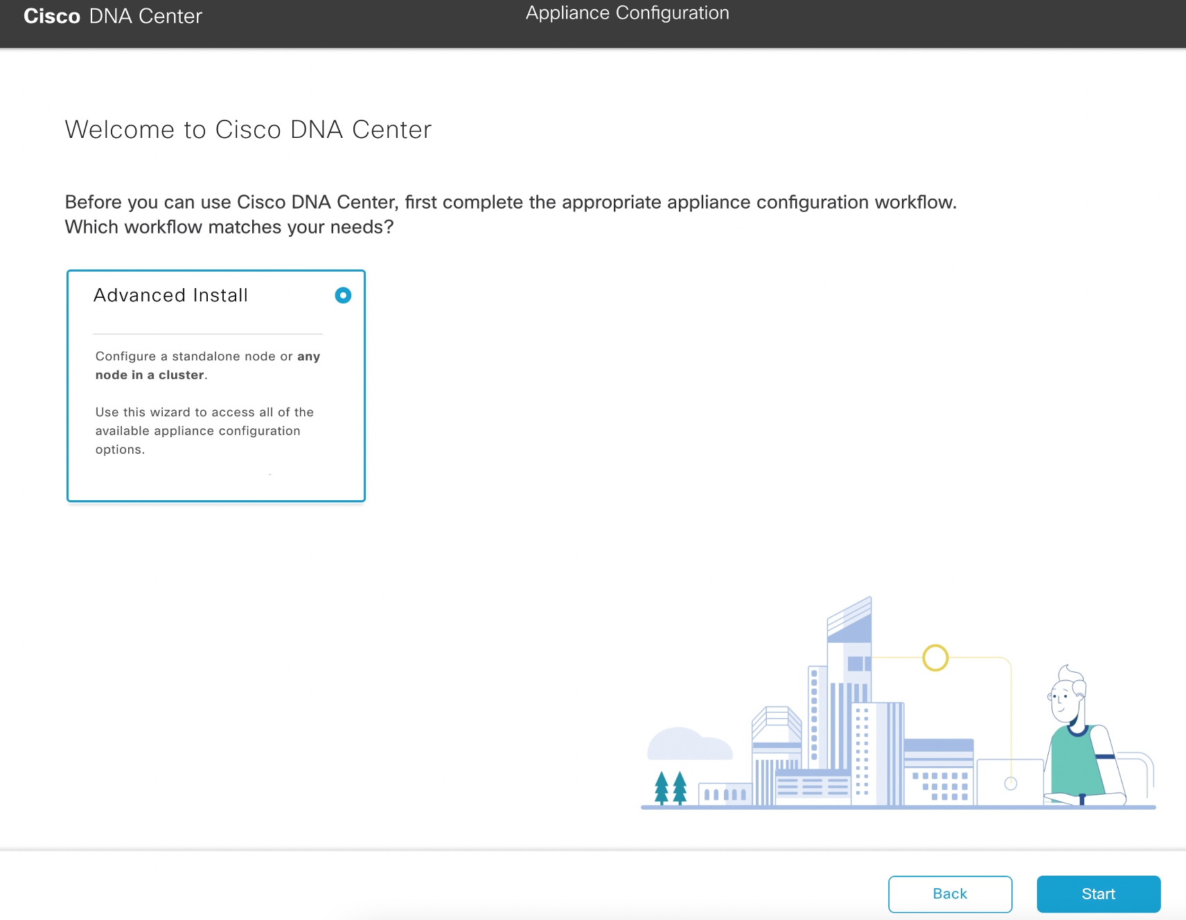 The Appliance Configuration screen displays the Advanced Install workflow option with the Start button in the bottom-right corner.