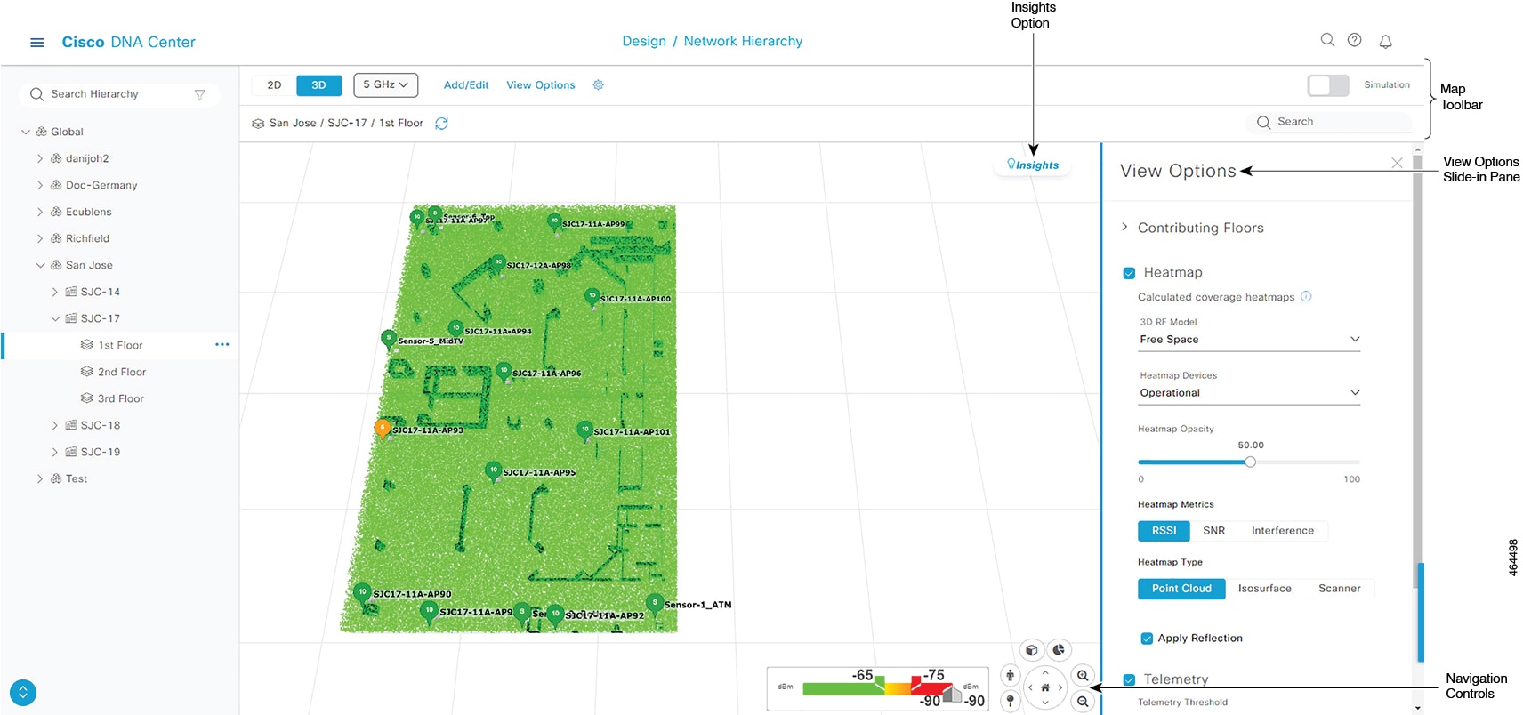 3D wireless map showing the tools and options