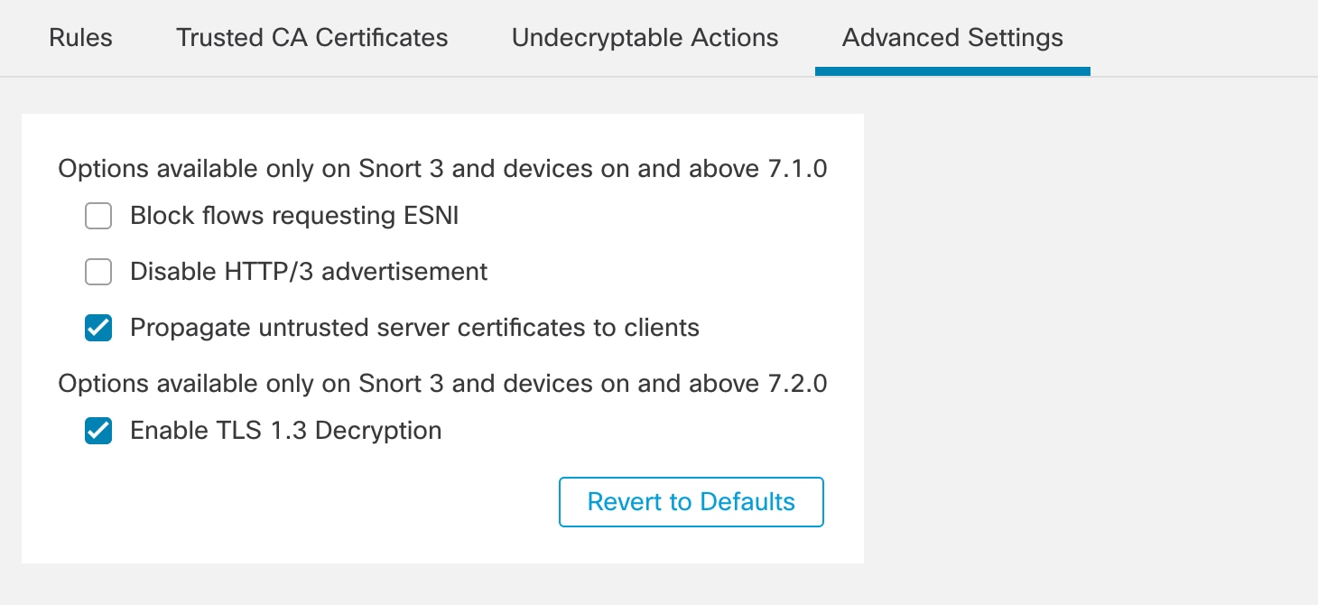 Set version-specific options for the SSL policy, including decrypting TLS 1.3 traffic.