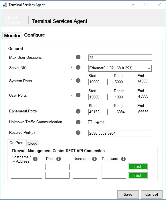 TS 에이전트의 On-Prem(온프레미스) 탭 페이지에서 일반 구성 옵션 및 Secure Firewall Manager 연결 정보를 설정할 수 있습니다. Secure Firewall 연결 정보에는 관리자 또는 클러스터의 IP 주소, 포트, 사용자 이름 및 비밀번호가 포함됩니다.