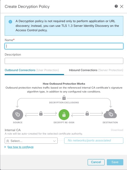 A decryption policy can protect either outbound connections (Decrypt - Resign rule action) or inbound connectors (Decrypt - Known Key rule action)