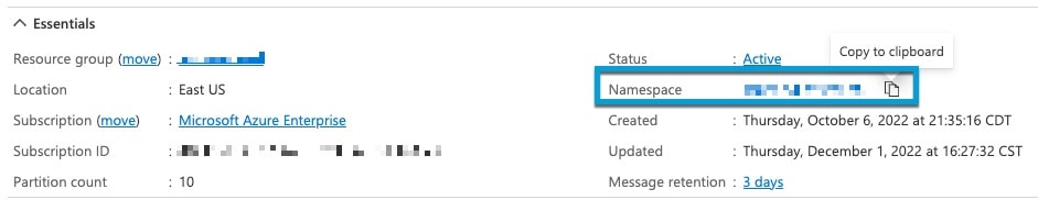 Copy the event hubs topic name to the clipboard