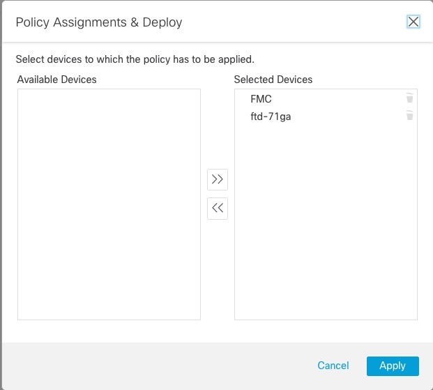 Deploy health policies to the Selected Devices list. Use the arrow buttons to move devices between Available and Selected Devices lists.