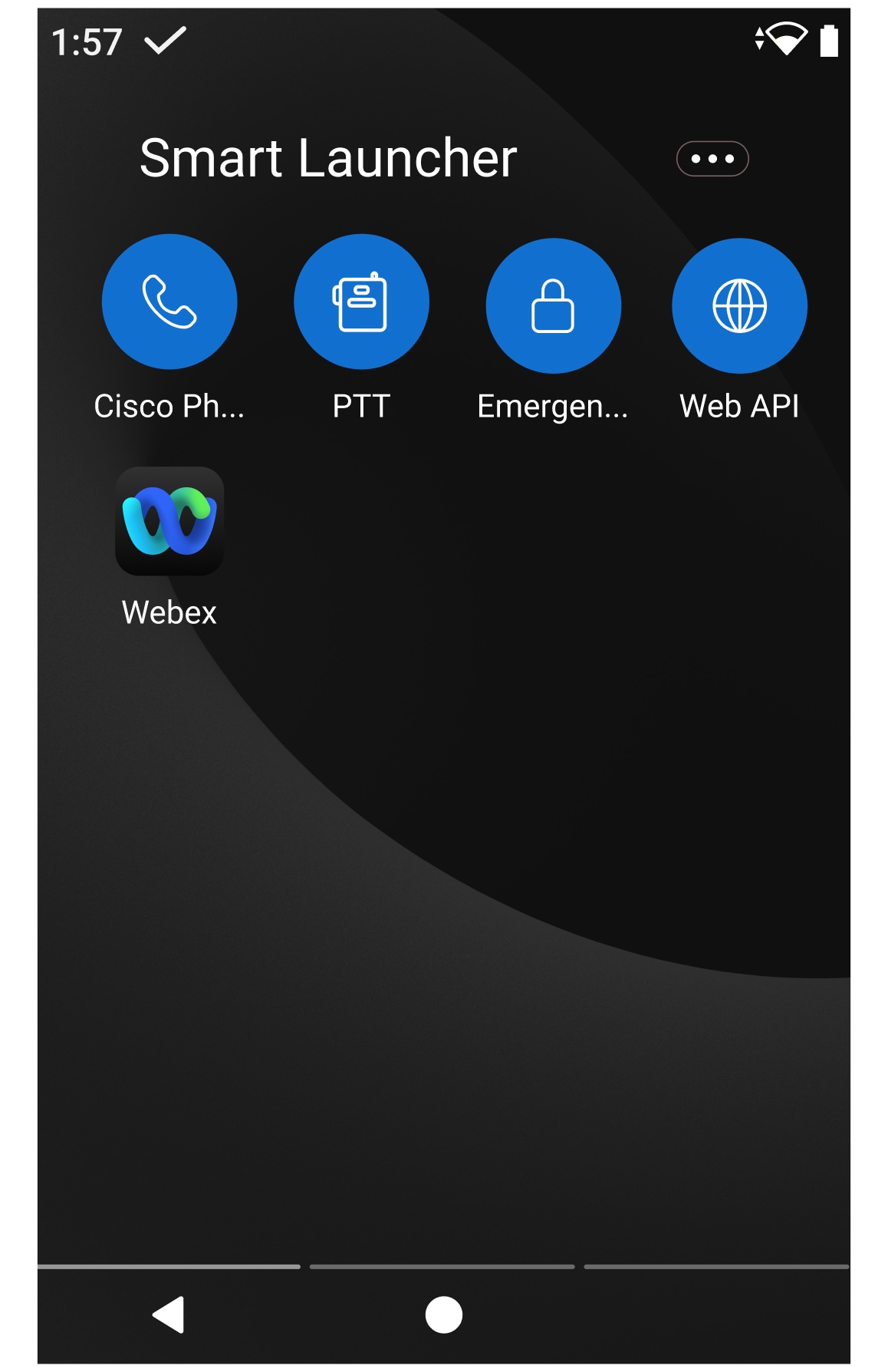 Fond sombre sur l'écran d'accueil du téléphone avec : une étroite barre d'icônes d'état en haut. Au milieu de l'écran se trouve l'étiquette Smart Launcher, suivie d'un menu de débordement et d'icônes pour cinq applications : Téléphone Cisco, PTT, Emergency, API Web et Webex. Au bas de l'écran, se trouvent les icônes de navigation Retour et Accueil.