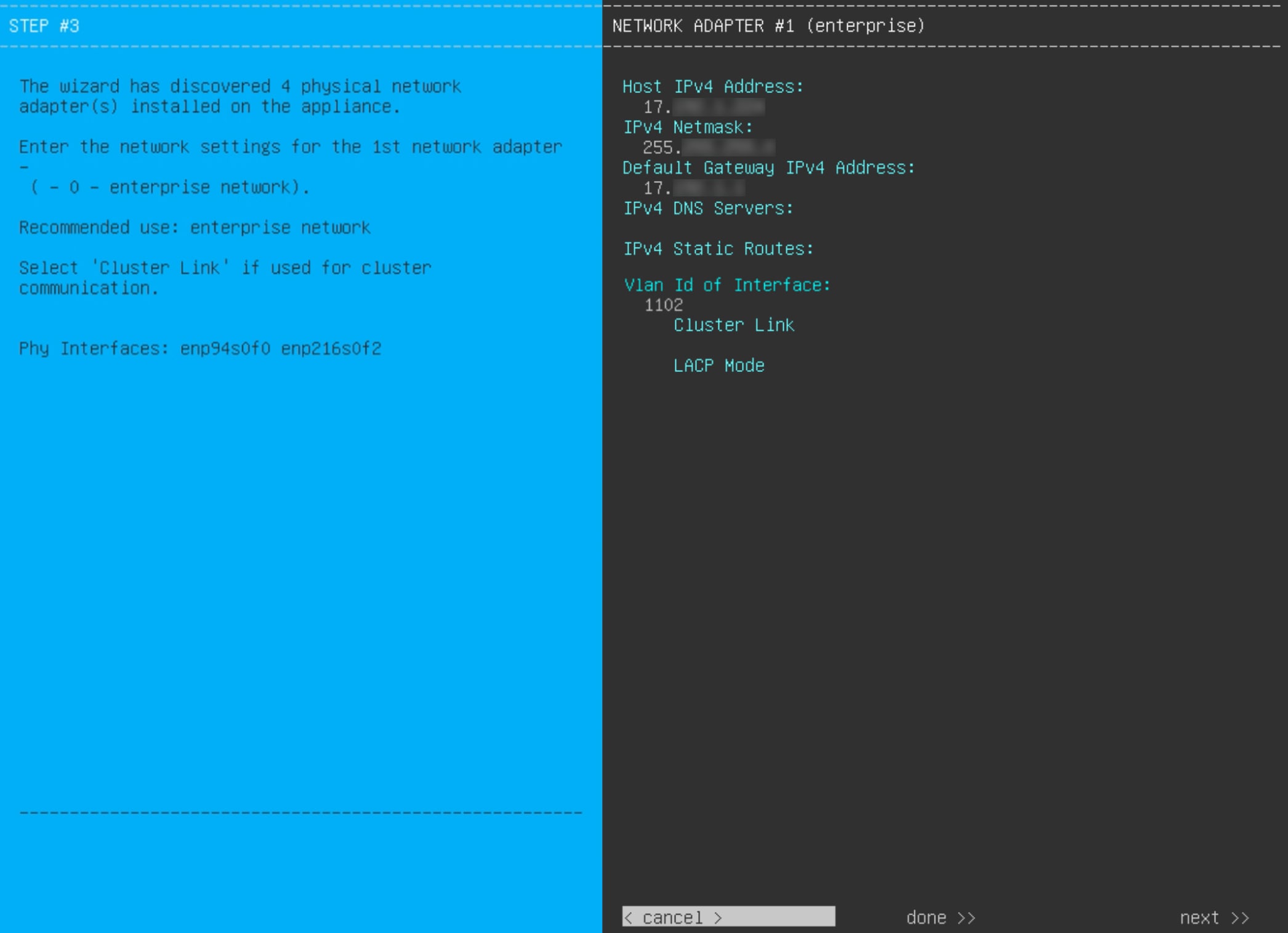 The Maglev Configuration wizard displays the step to enter the network settings for the first network adapter.