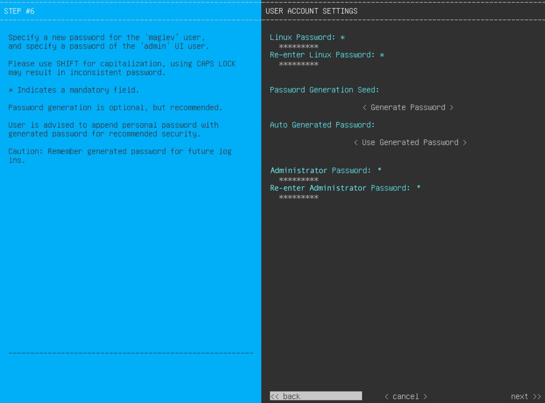 The Maglev Configuration wizard displays the step to enter the user account settings values.