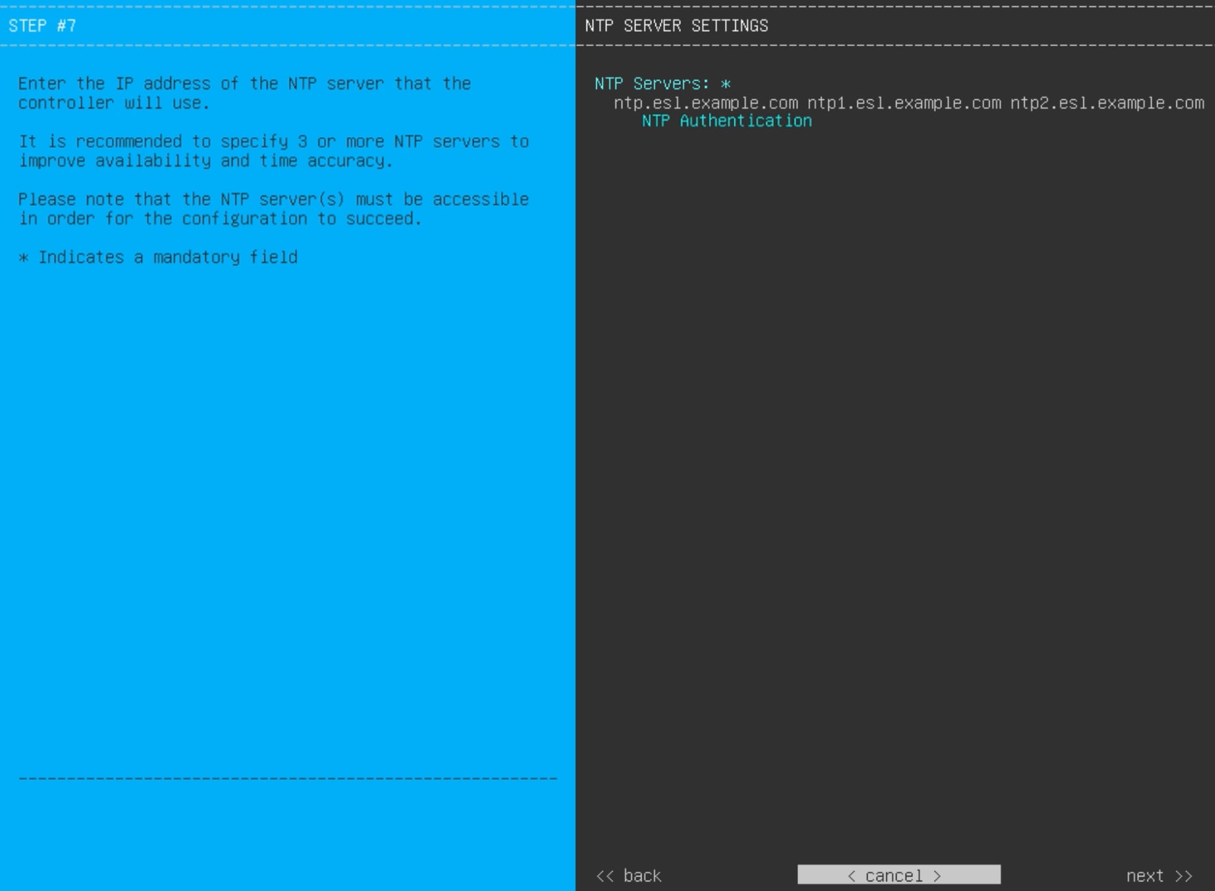 The Maglev Configuration wizard displays the step to enter the NTP server settings values.