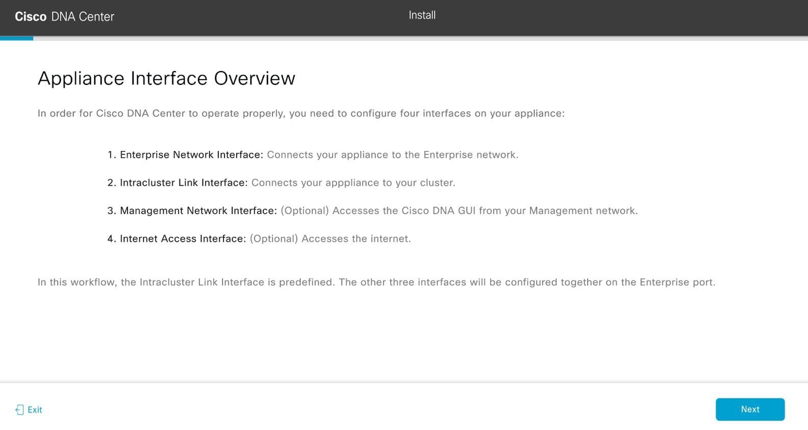 The Appliance Interface Overview screen summarizes the four configurable interfaces on your appliance.