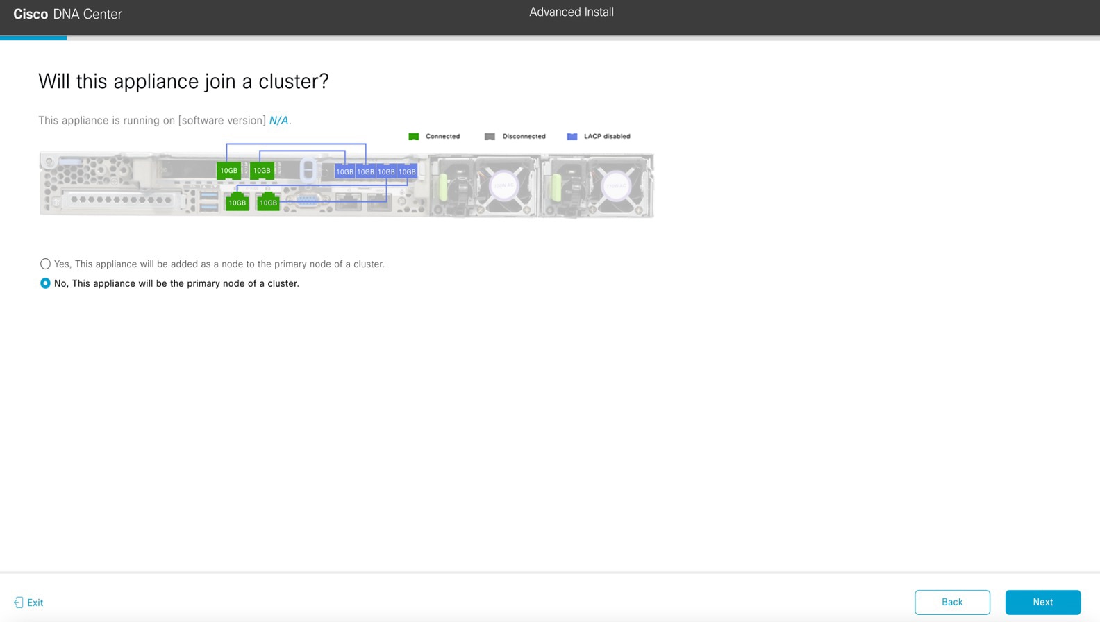 The Will this appliance join a cluster? screen displays the step to choose if you want your appliance to join a cluster.