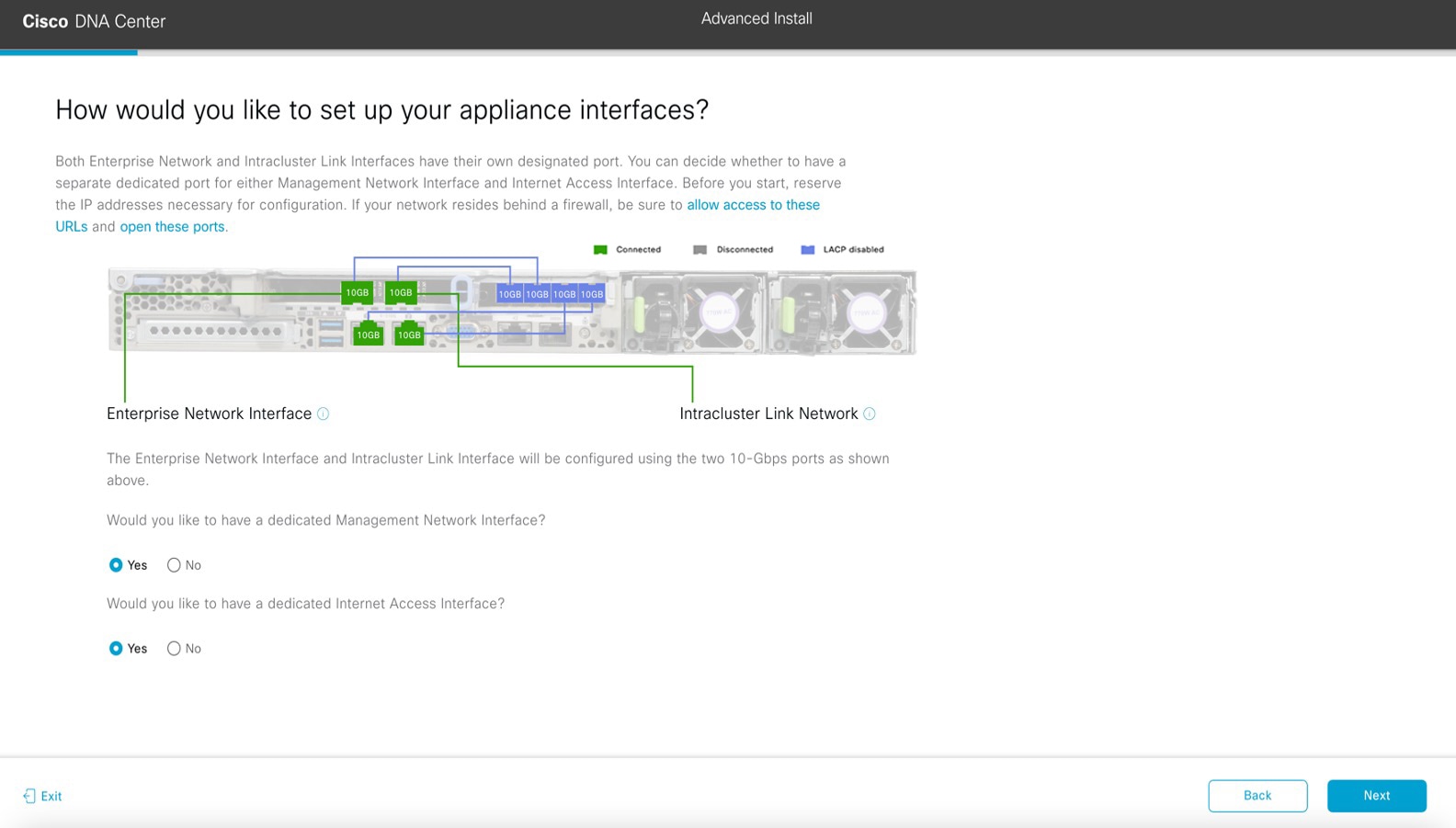 The How would you like to set up your appliance interfaces? screen displays the step to choose if you want to configure dedicated Management and Internet Access interfaces.