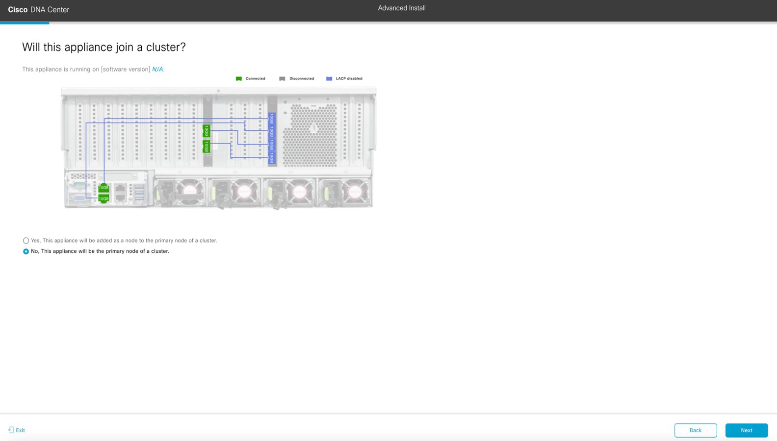 The Will this appliance join a cluster? screen displays the step to choose if you want your appliance to join a cluster.