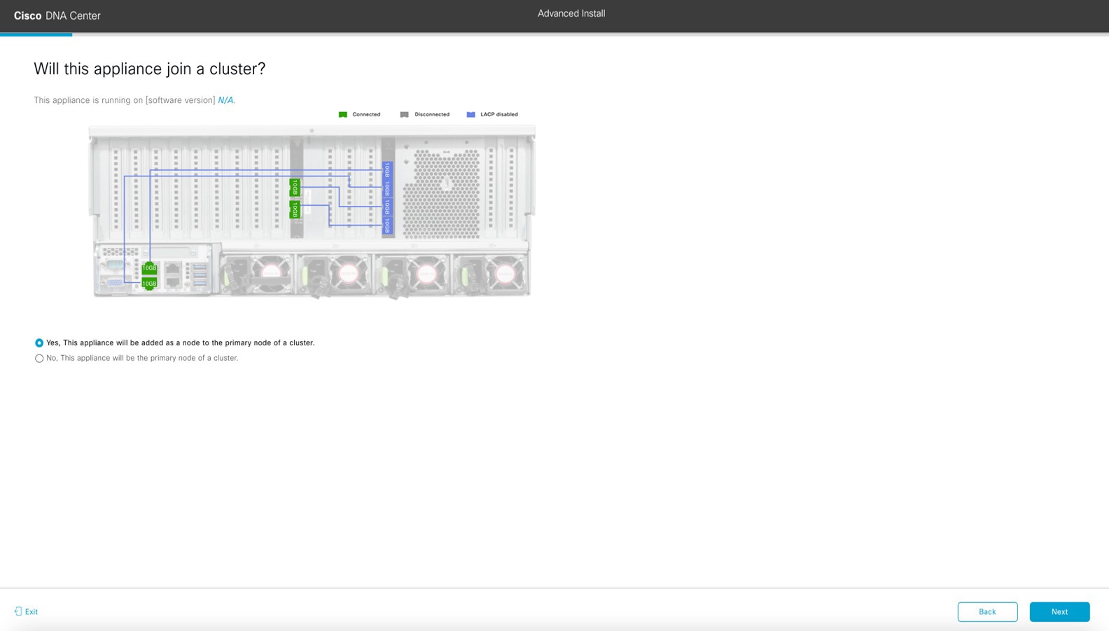 The Will this appliance join a cluster? screen displays the step to choose if you want your appliance to join a cluster.