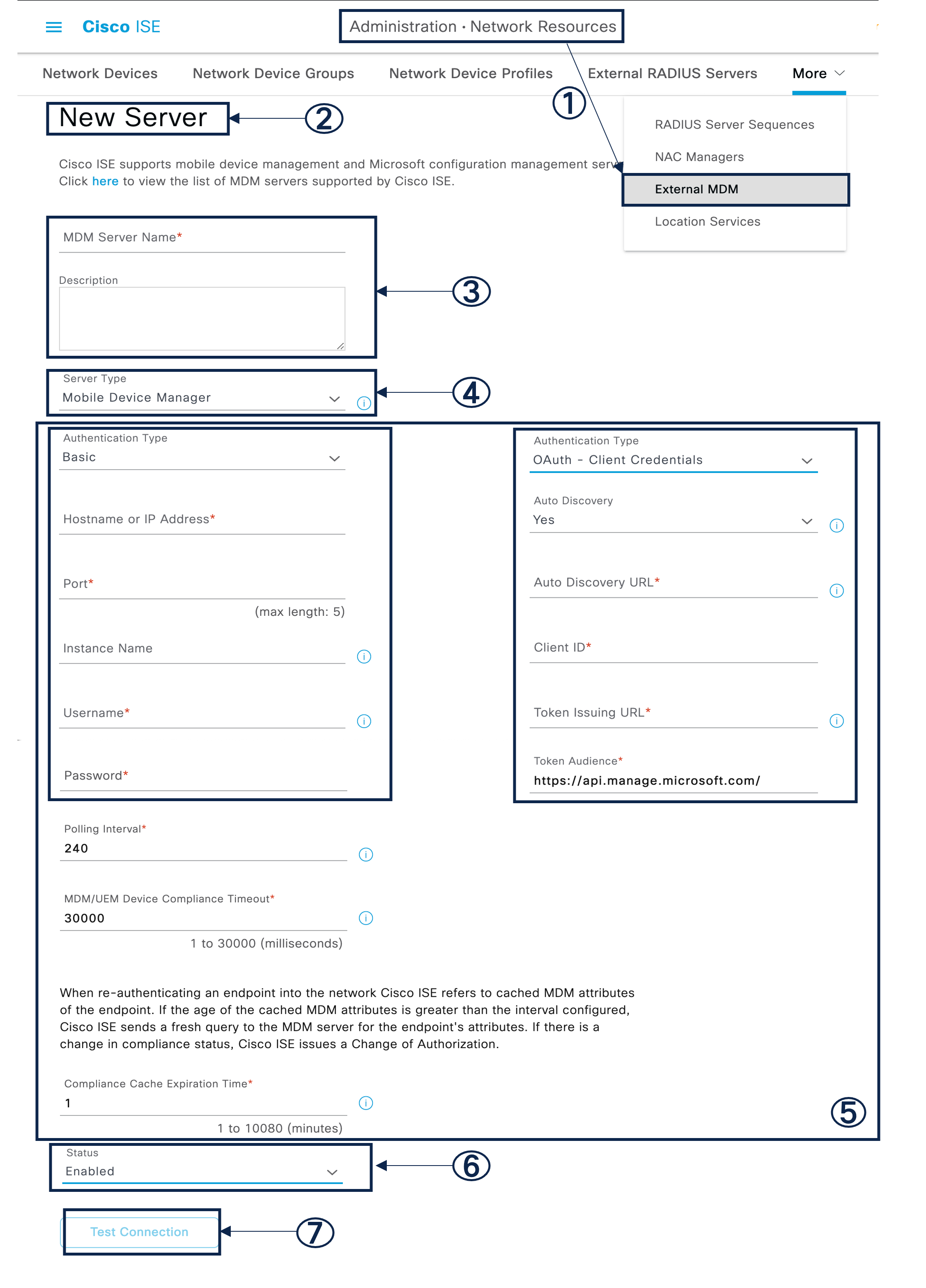 The various fields you must configure in Cisco ISE to integrate an MDM server with Cisco ISE.