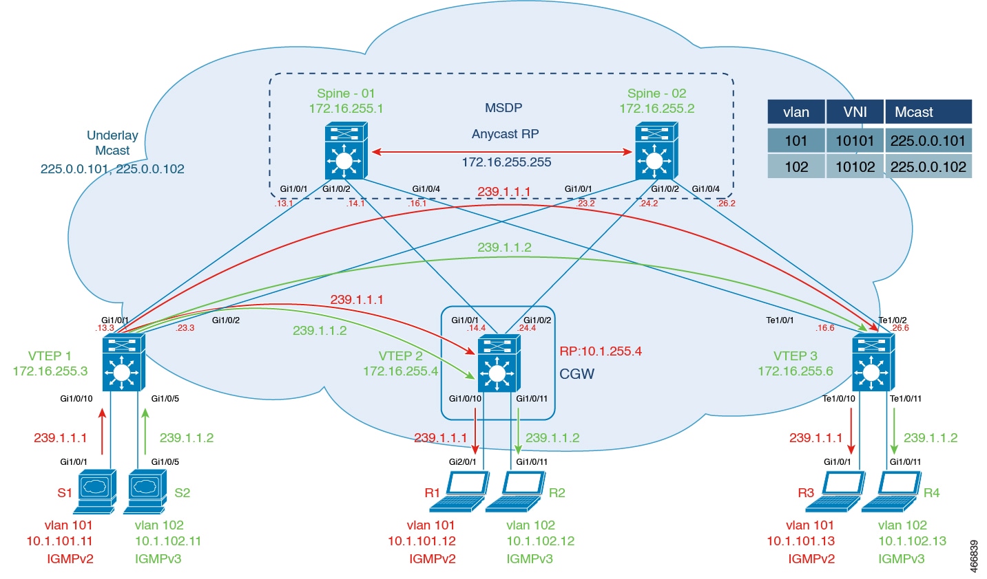 BGP EVPN VXLAN Fabric Topology to show multicast replication in the Underlay