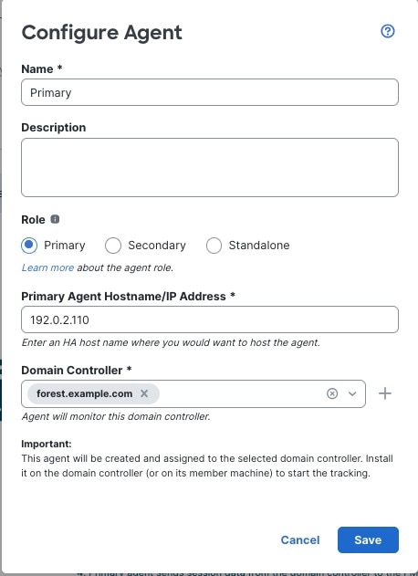 创建一个与 Cisco Secure Firewall 管理器通信的主被动身份代理。如果主代理无法与 Cisco Secure Firewall 管理器通信，辅助代理将会接管。