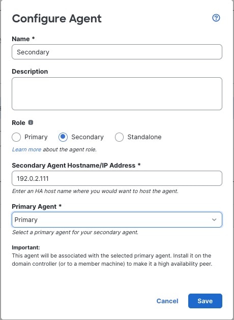 创建辅助被动身份代理，以便在主代理停止与 Cisco Secure Firewall 管理器通信时接管主代理。
