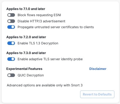 decryption policy advanced options enable you to set version-dependent options such as enabling the TLS server identity probe