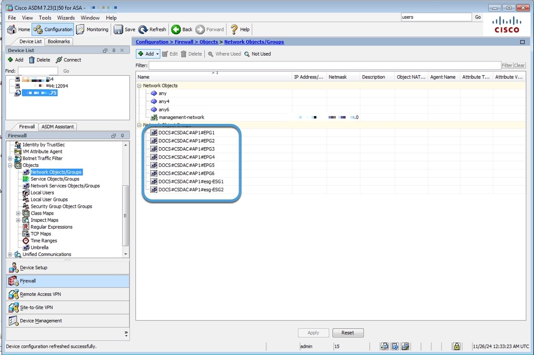 Sample ASDM showing where to find dynamic objects from Cisco APIC: Configuration > Firewall > Objects > Network Objects/Groups
