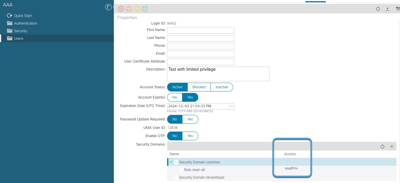 Verify the Cisco APIC user defined for the connector has at least the read-all role with readPriv access and the tenant-admin role with writePriv access for retrieving objects from tenants for the relevant security domain