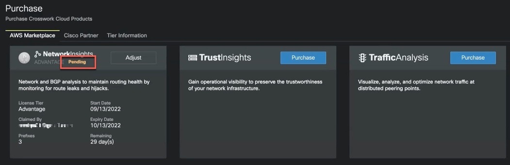 Crosswork Cloud の購入ページ