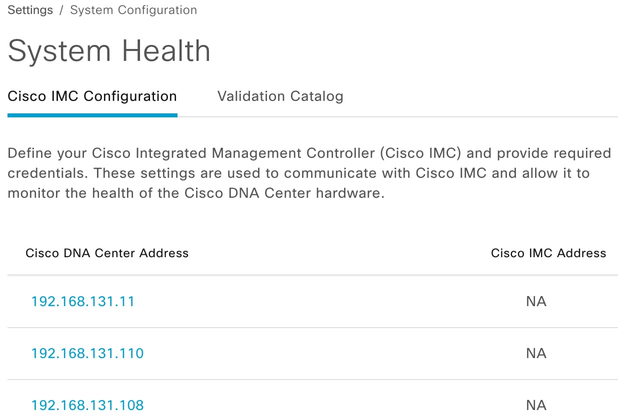 System health page showing IP addresses for each appliance.