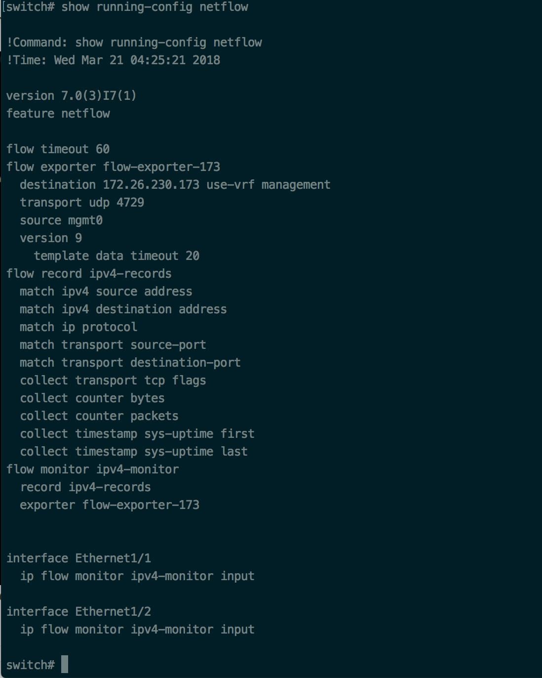 Running configuration of NetFlow on Cisco Nexus 9000 Switch