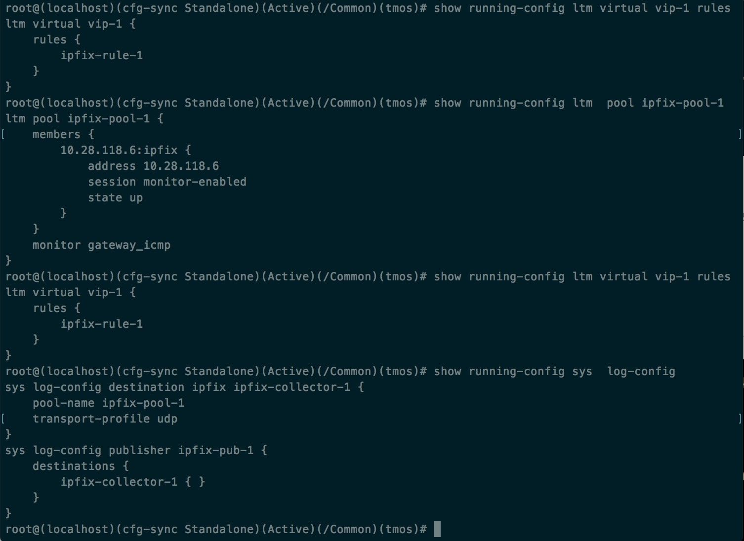 Running configuration of IPFIX on F5 BIG-IP load balancer