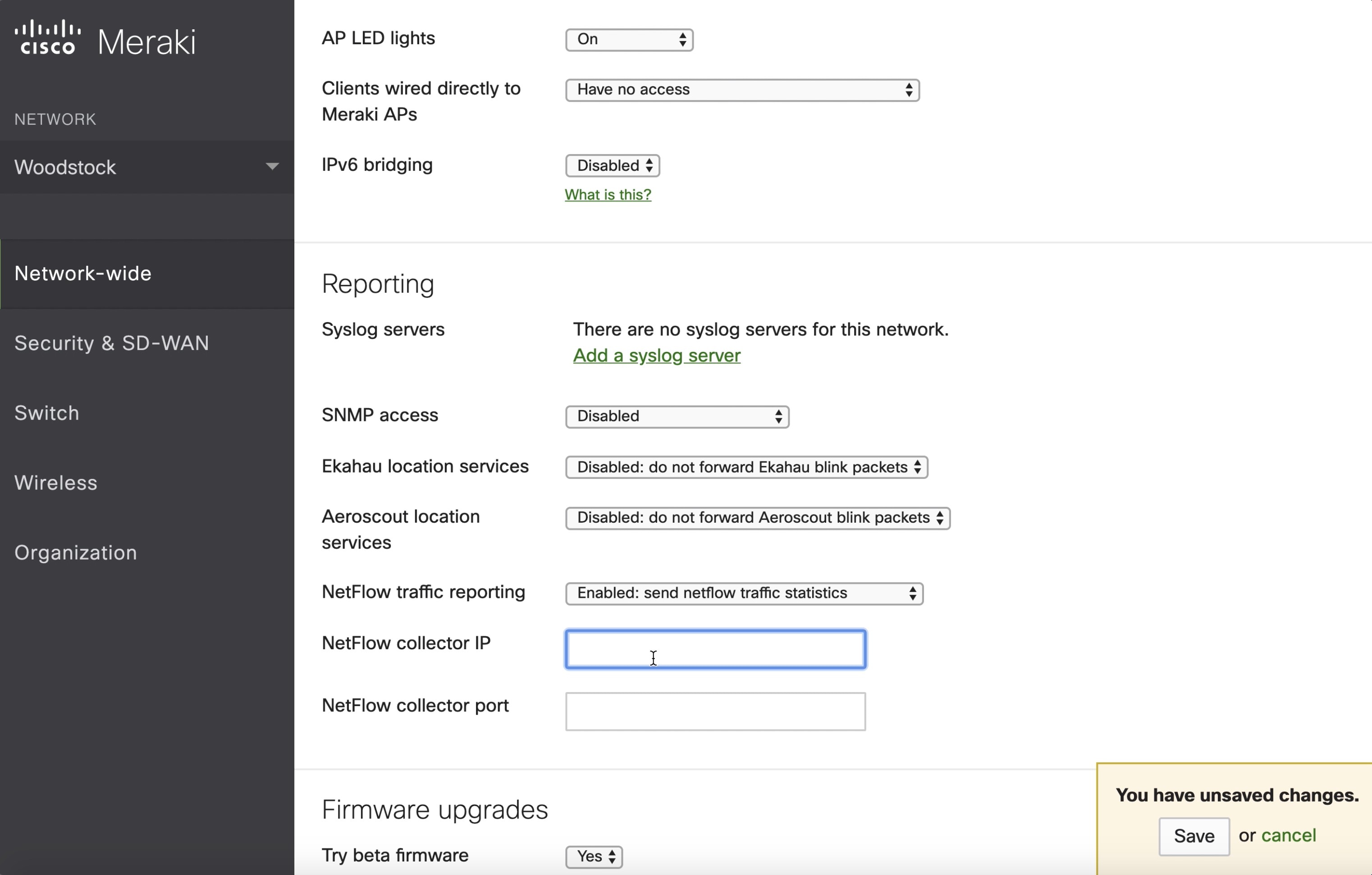 Meraki ファイアウォールでの NetFlow の有効化