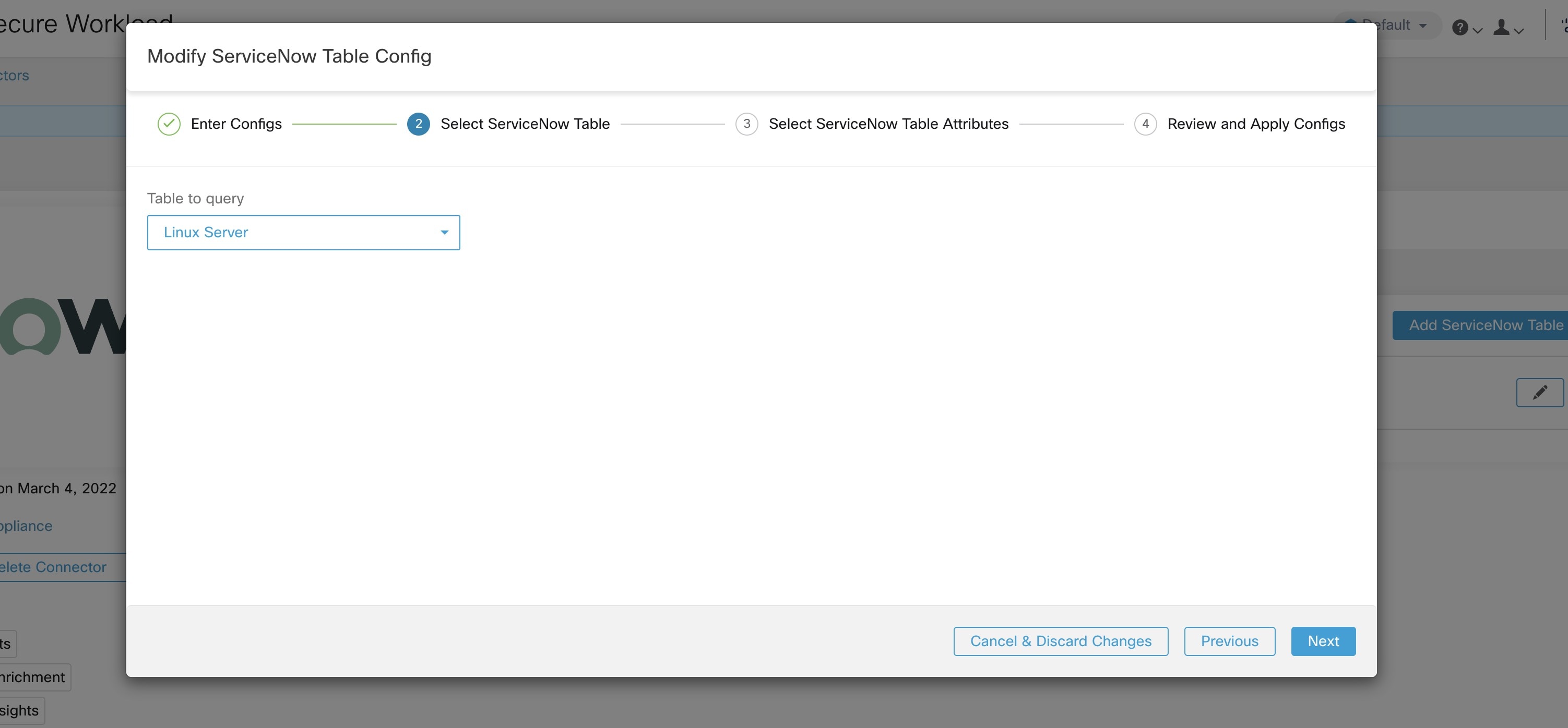 Secure Workload presents the list of tables