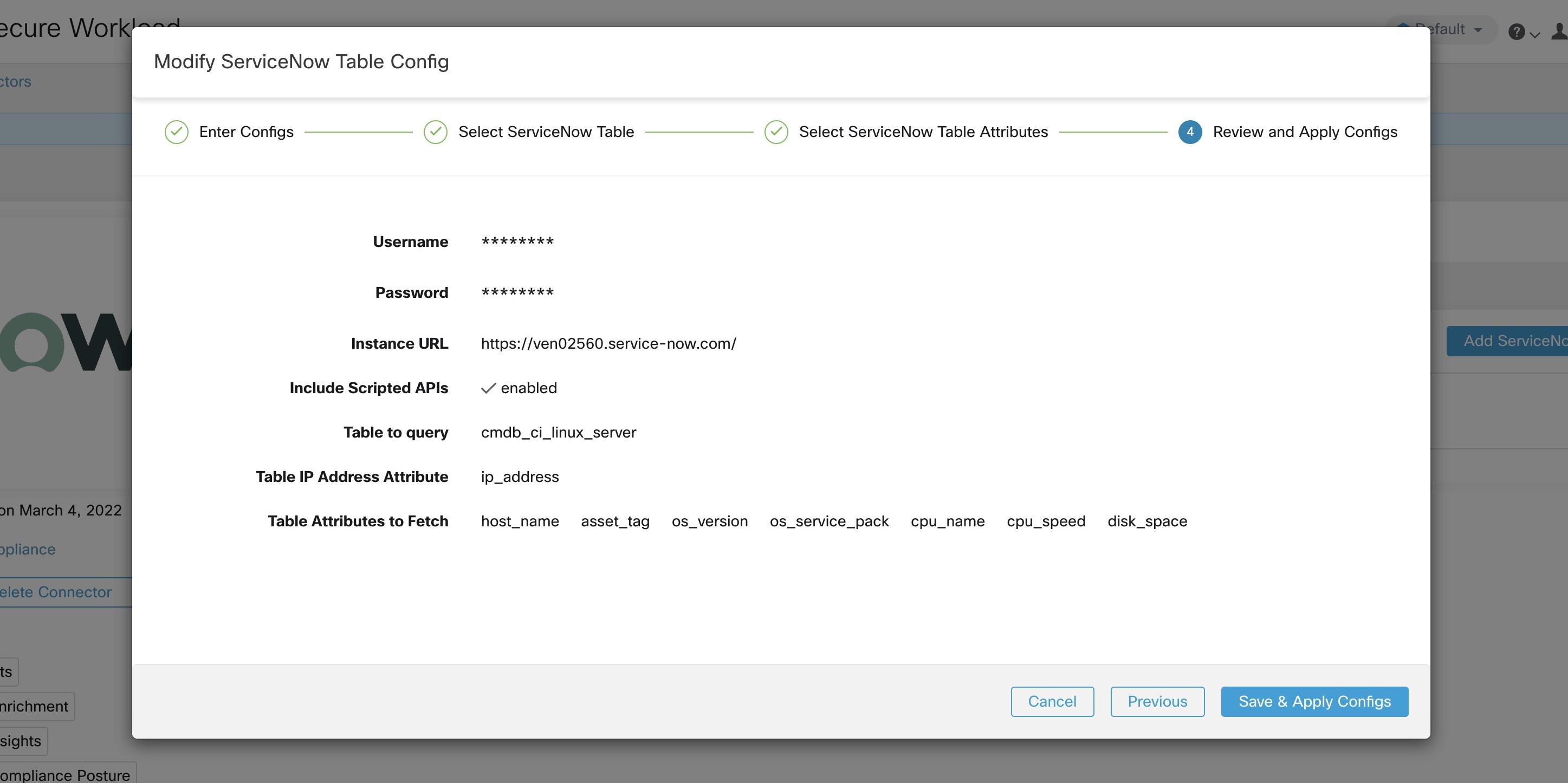 User finalizes the ServiceNow config