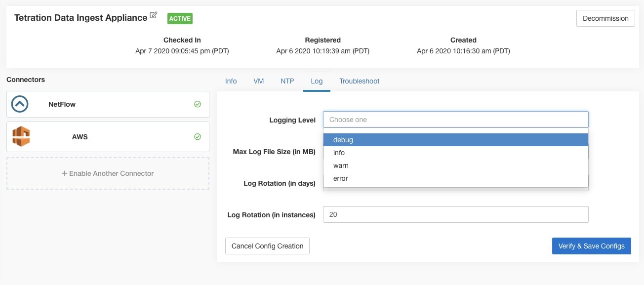 Log configuration on the appliance