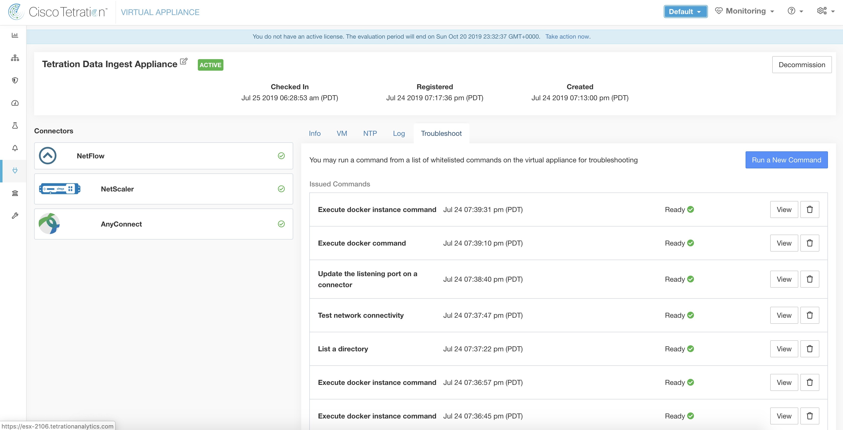 Troubleshoot page on Secure Workload virtual appliance