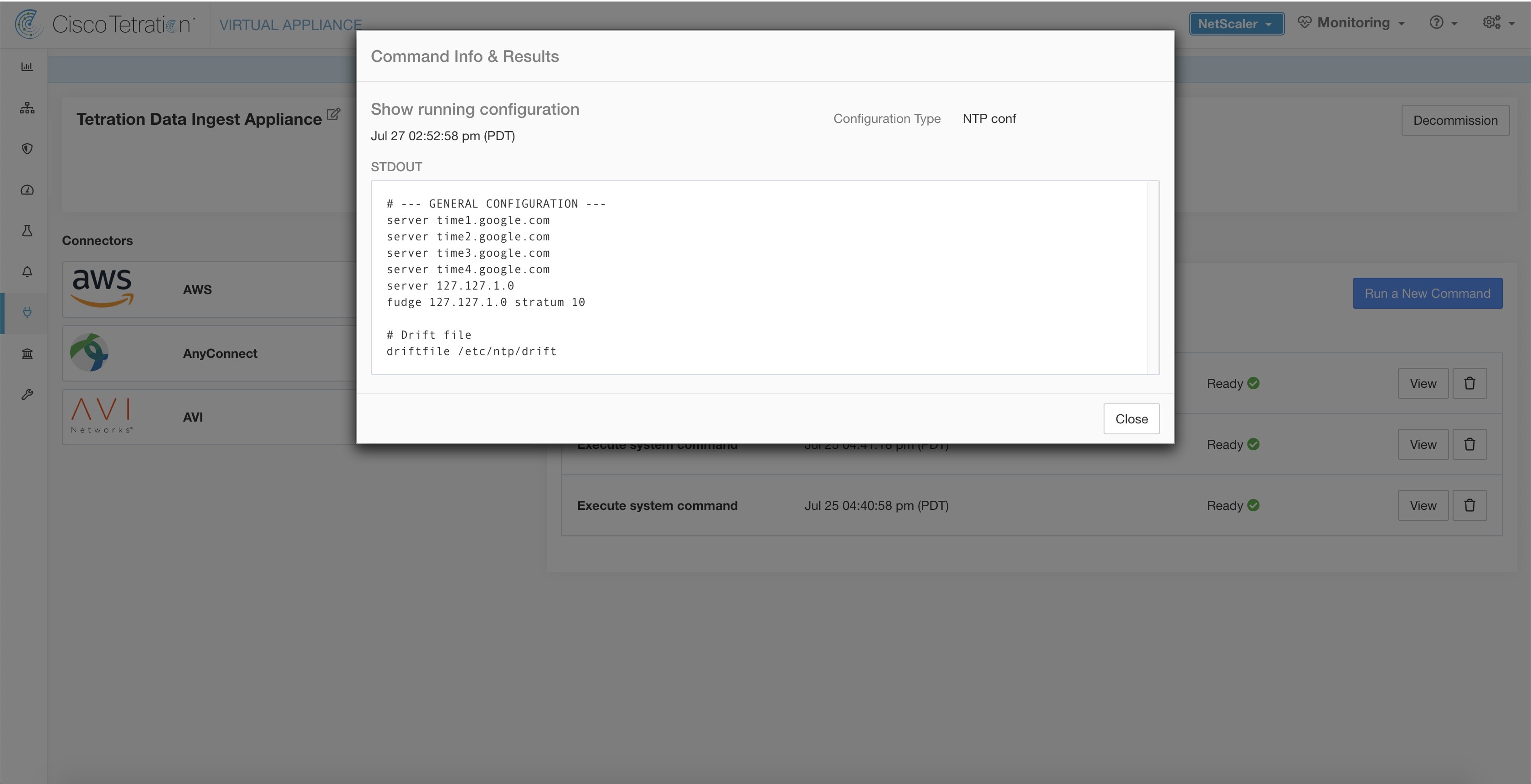 Show running configuration for NTP conf on a Secure Workload Ingest Appliance