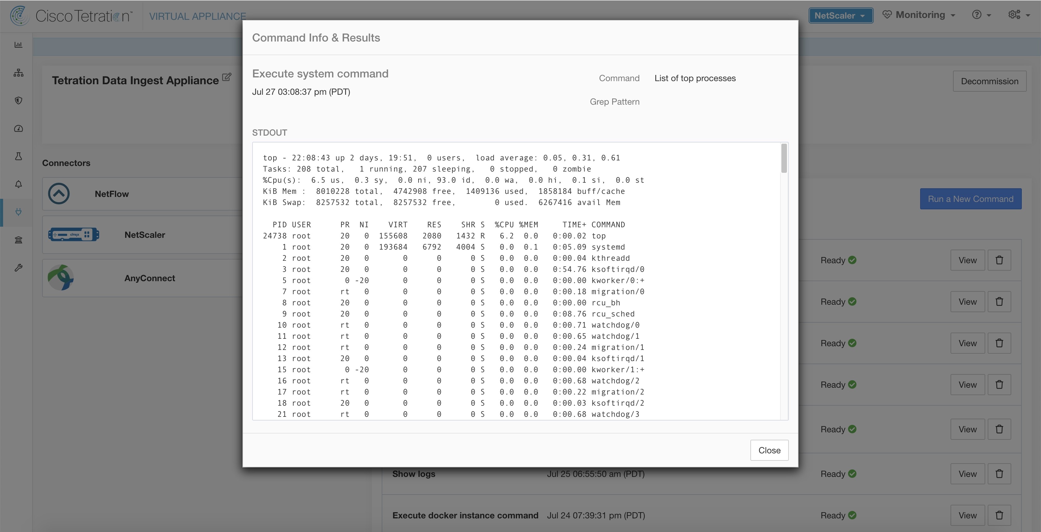 Show system command on Secure Workload Ingest appliance to retrieve list of top processes