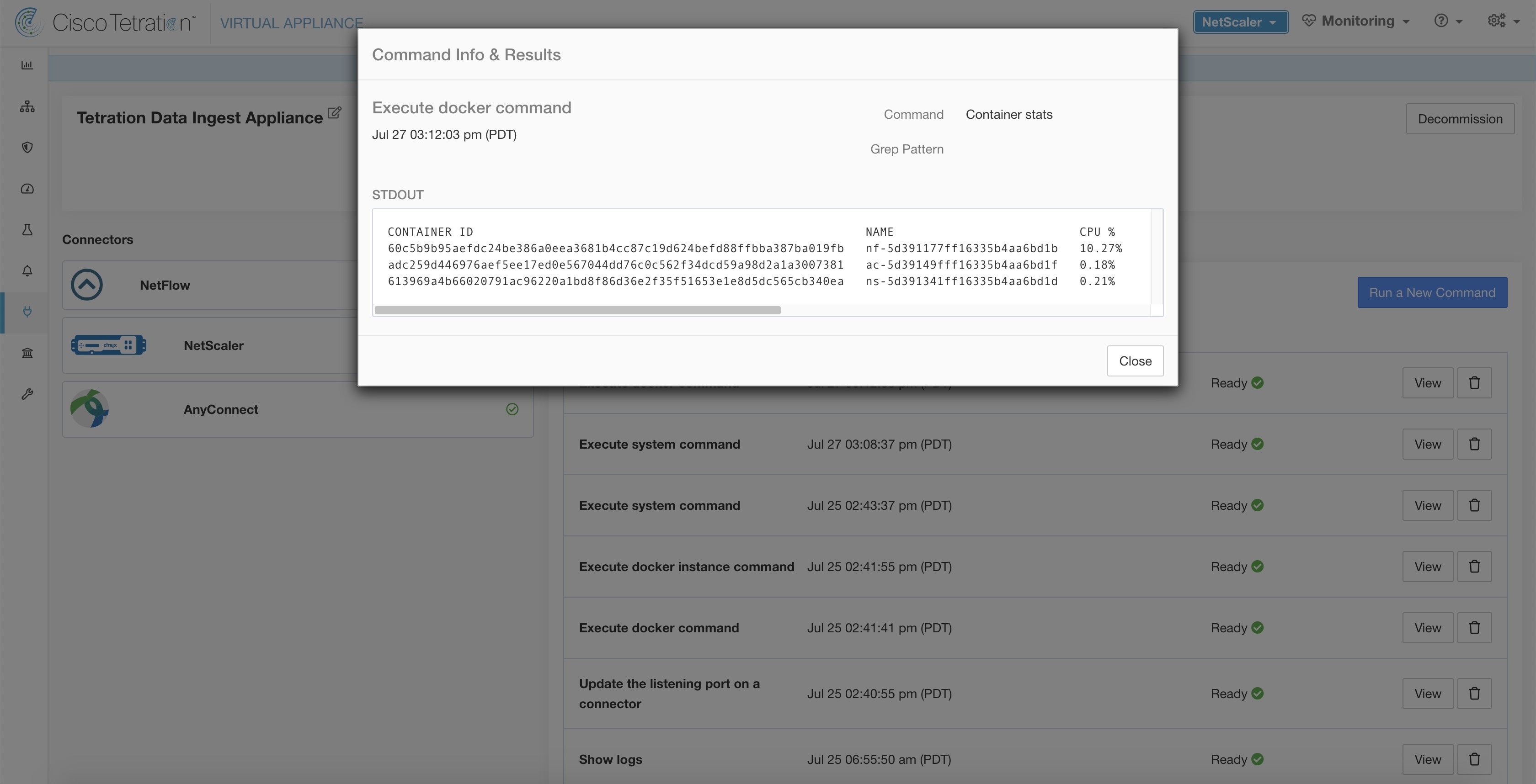 Execute a docker command on Secure Workload Ingest appliance to show container stats