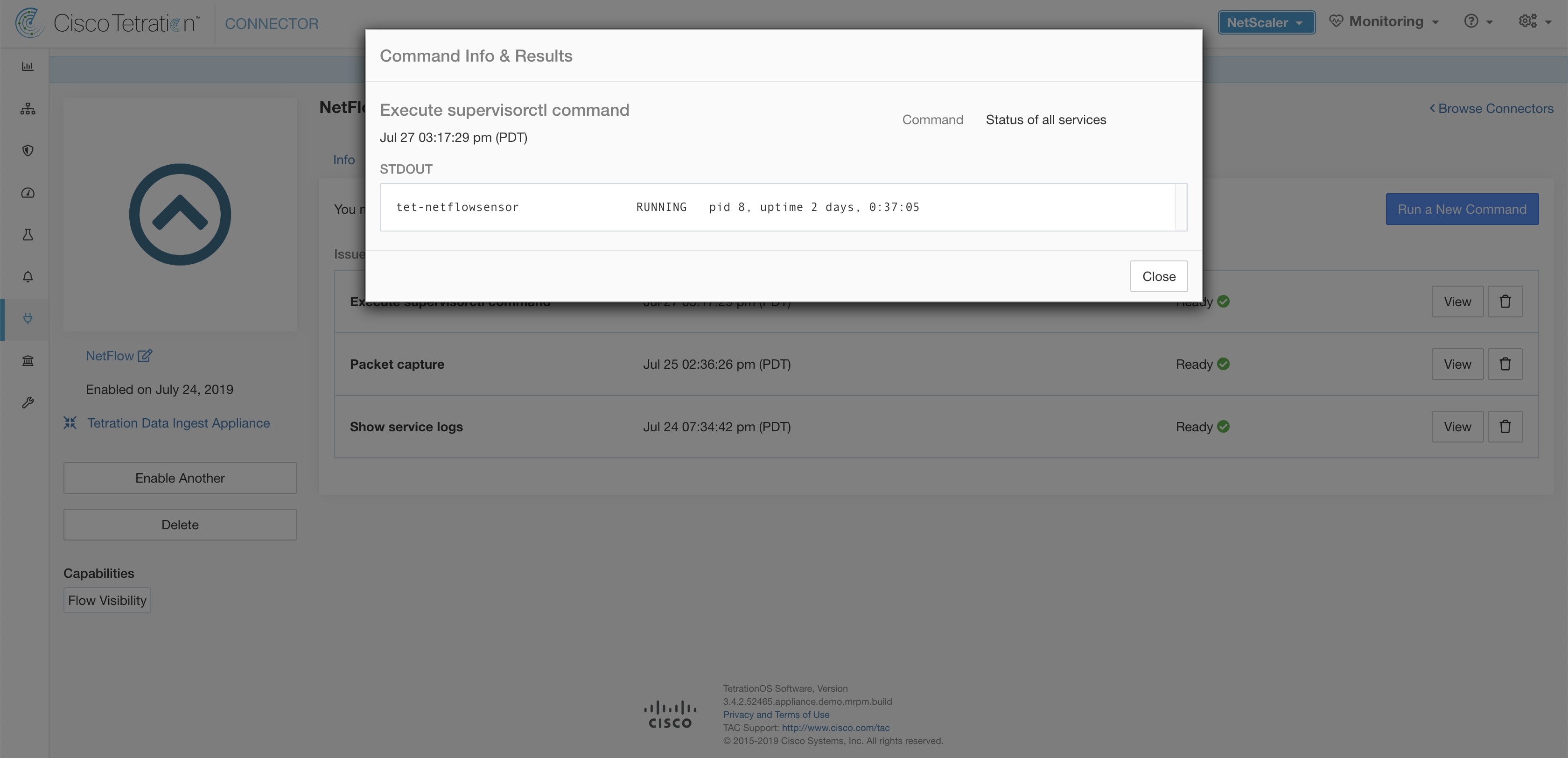 Execute supervisorctl command on NetFlow connector to get the status of all services