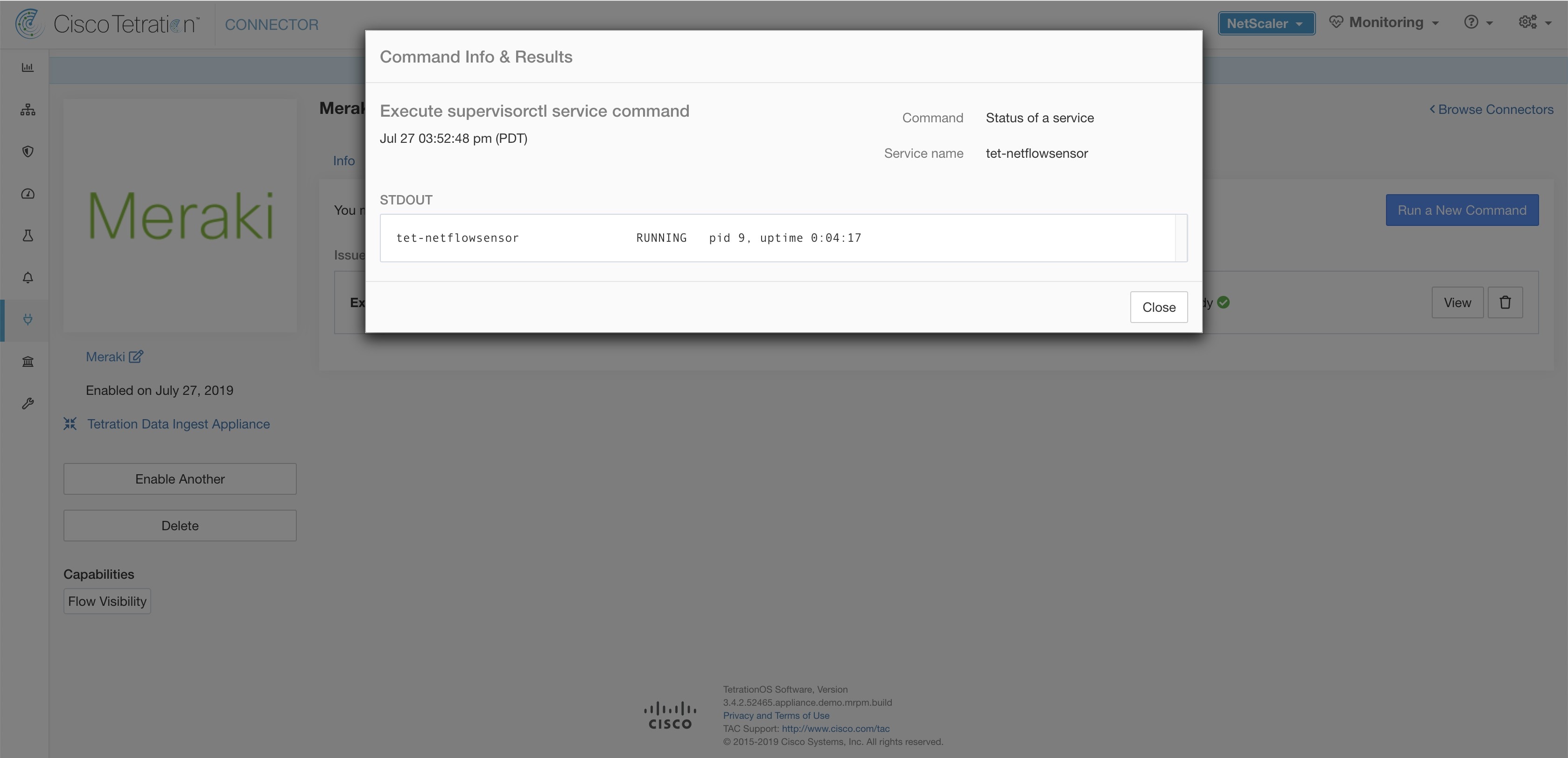 Execute supervisorctl command on NetFlow connector to get the status of specified service name