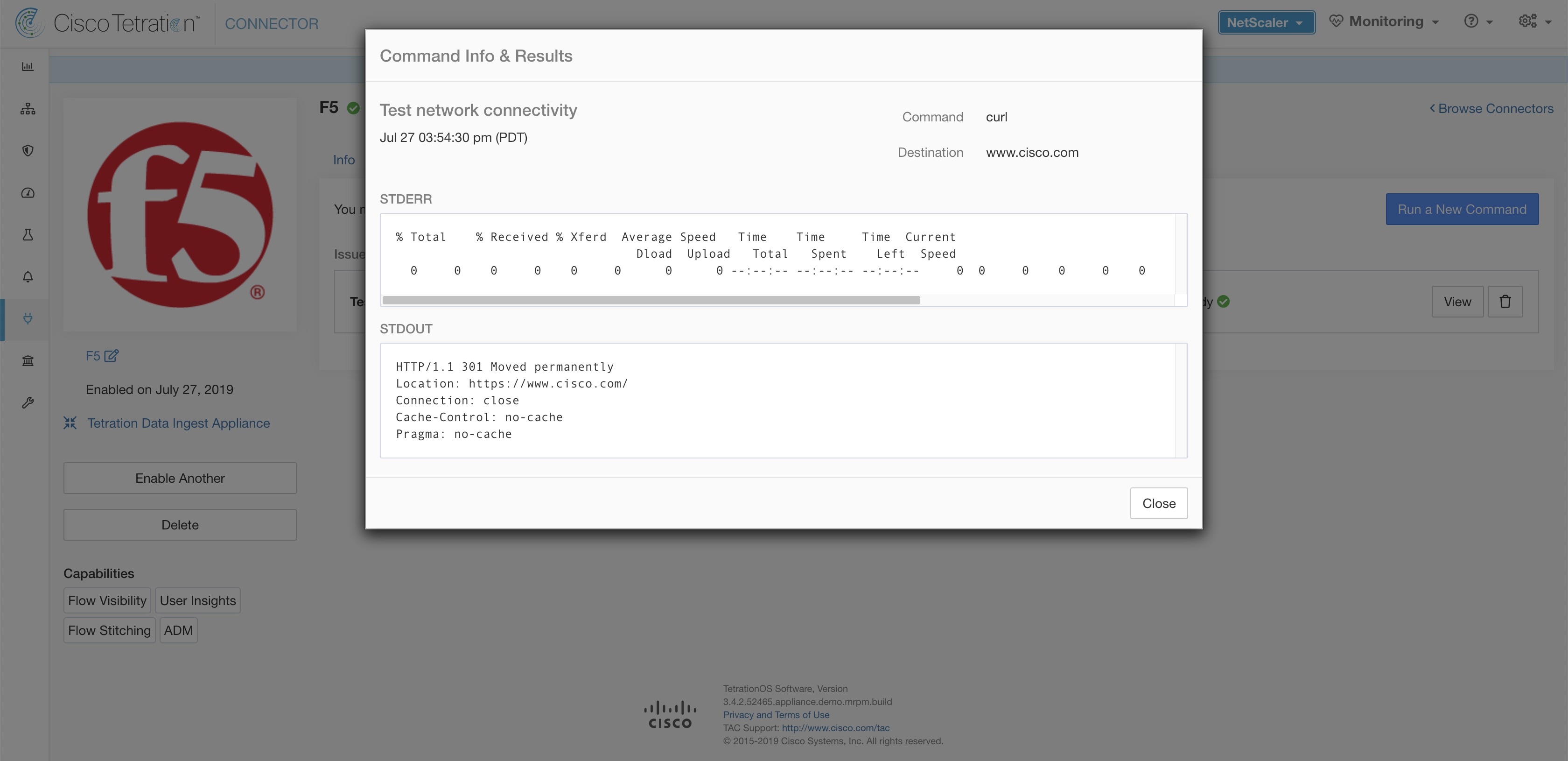 curl の実行による F5 コネクタのネットワーク接続テスト