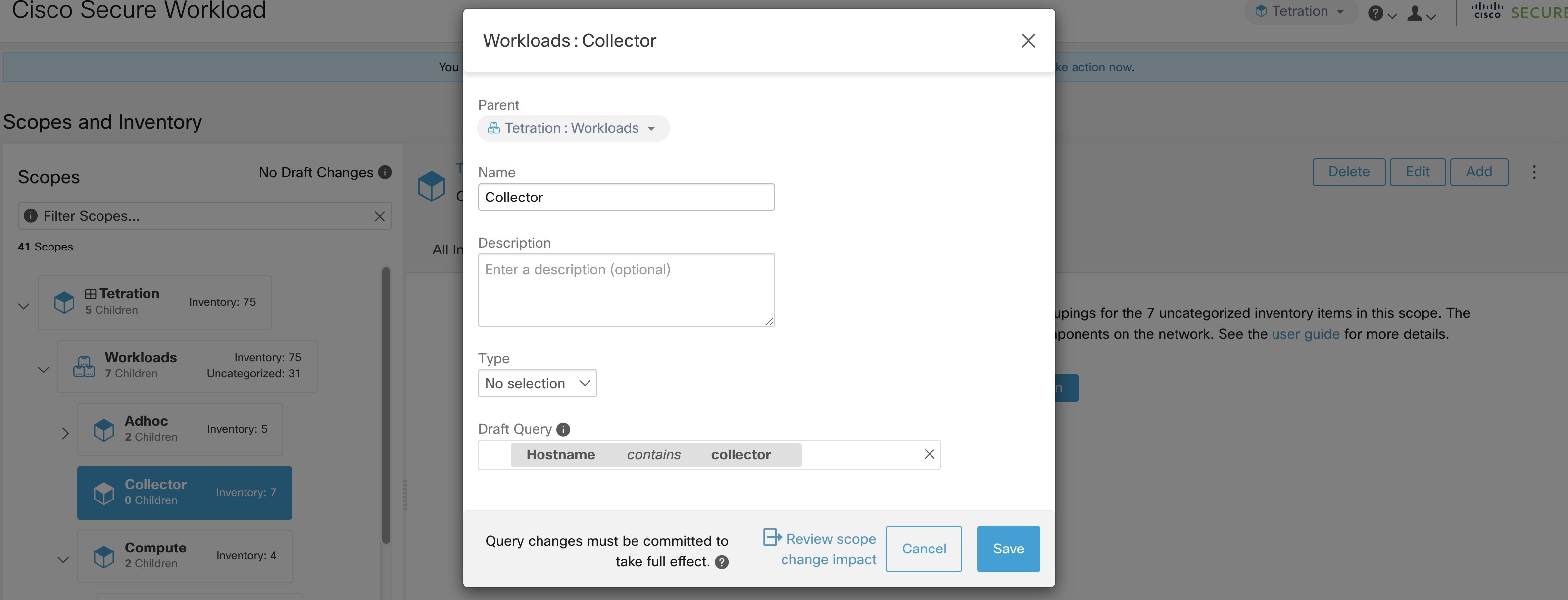 Changing the parent scope from Default scope to Default:ProdHosts