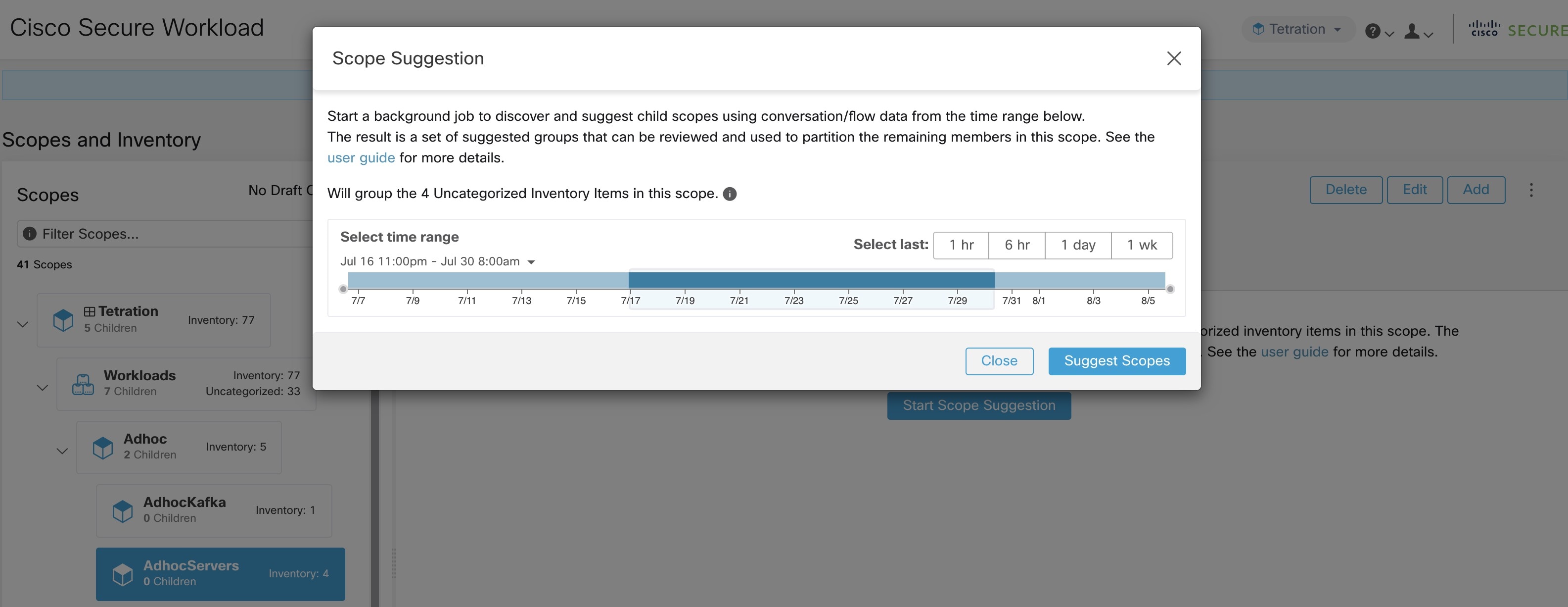 Example of scope suggestion data range selector