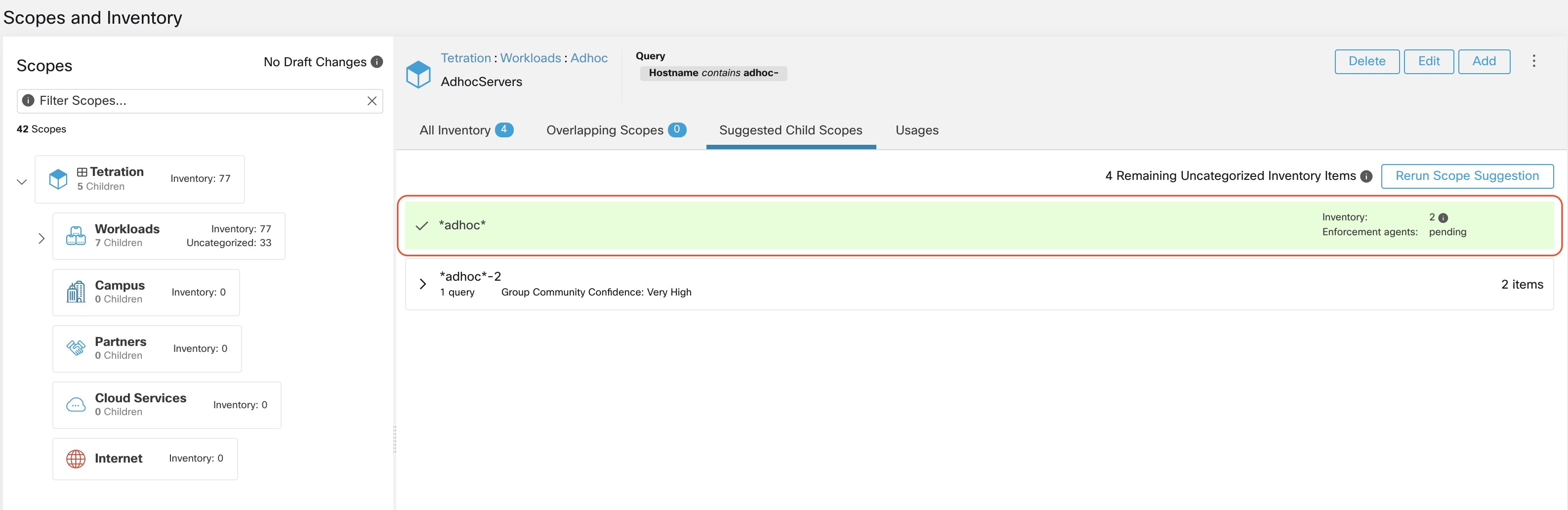 Example of scope suggestion output after converting one suggested group to a scope