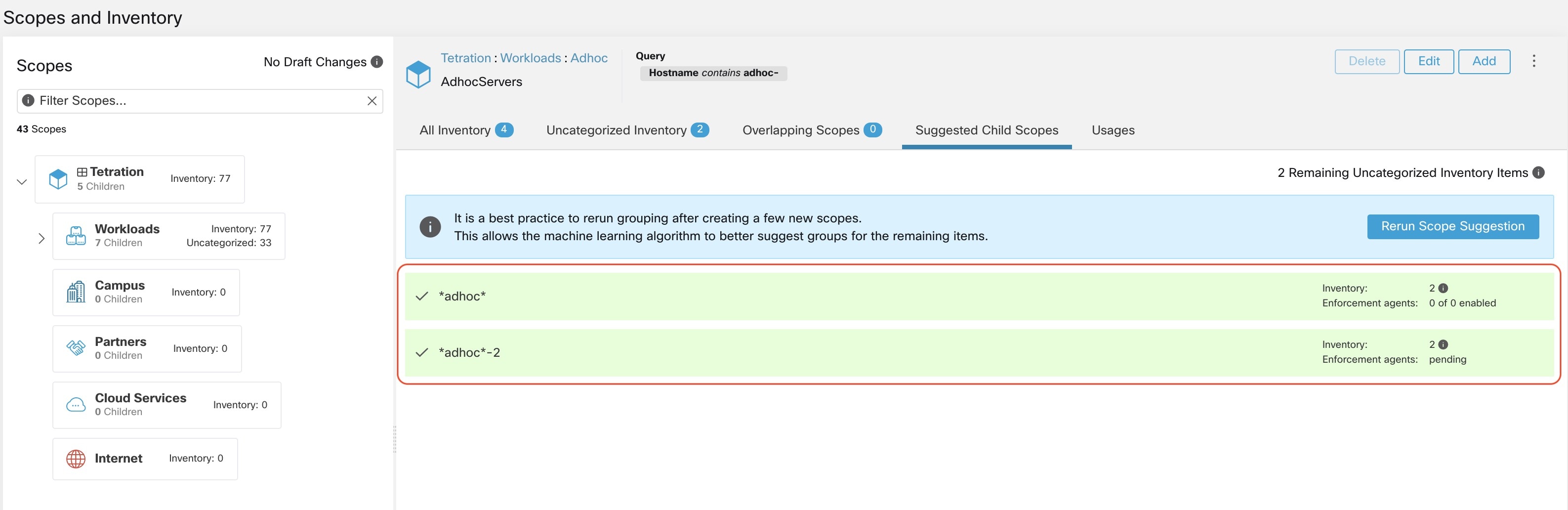 Example of scope suggestion output after multiple scope creations