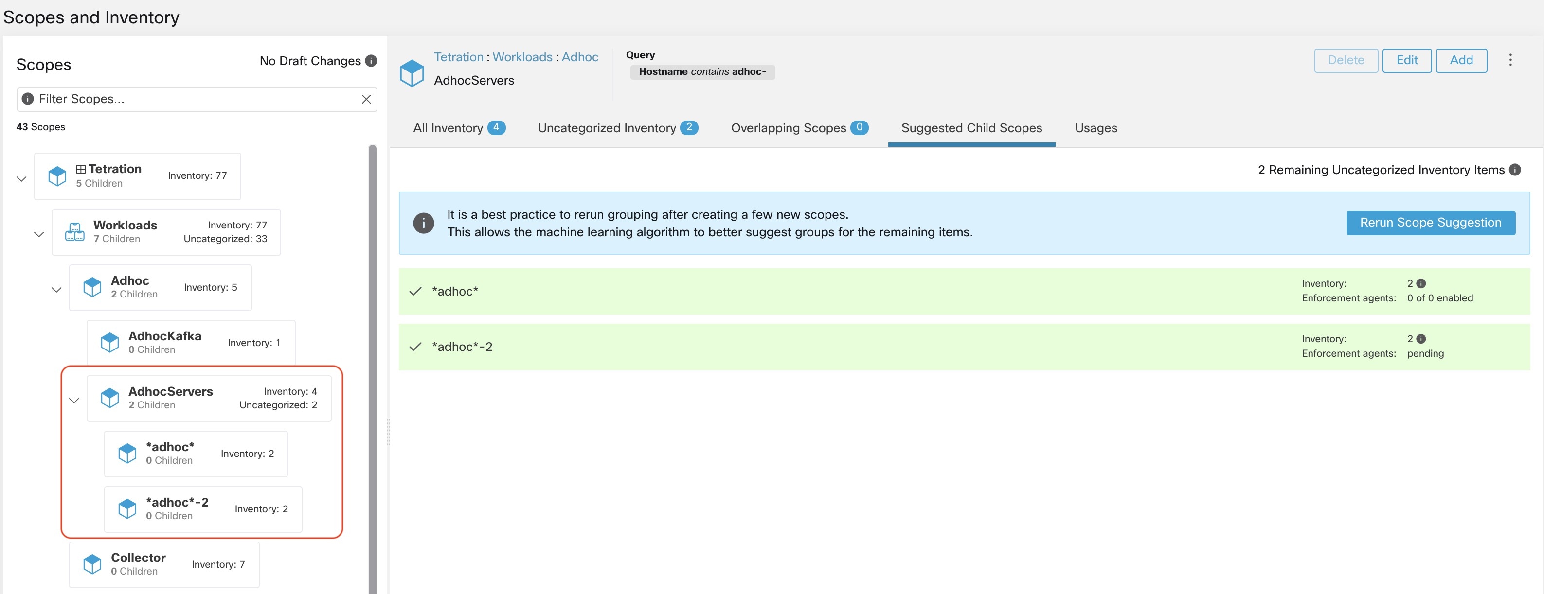 Example of the scopes list after the initial scope suggestion and creation