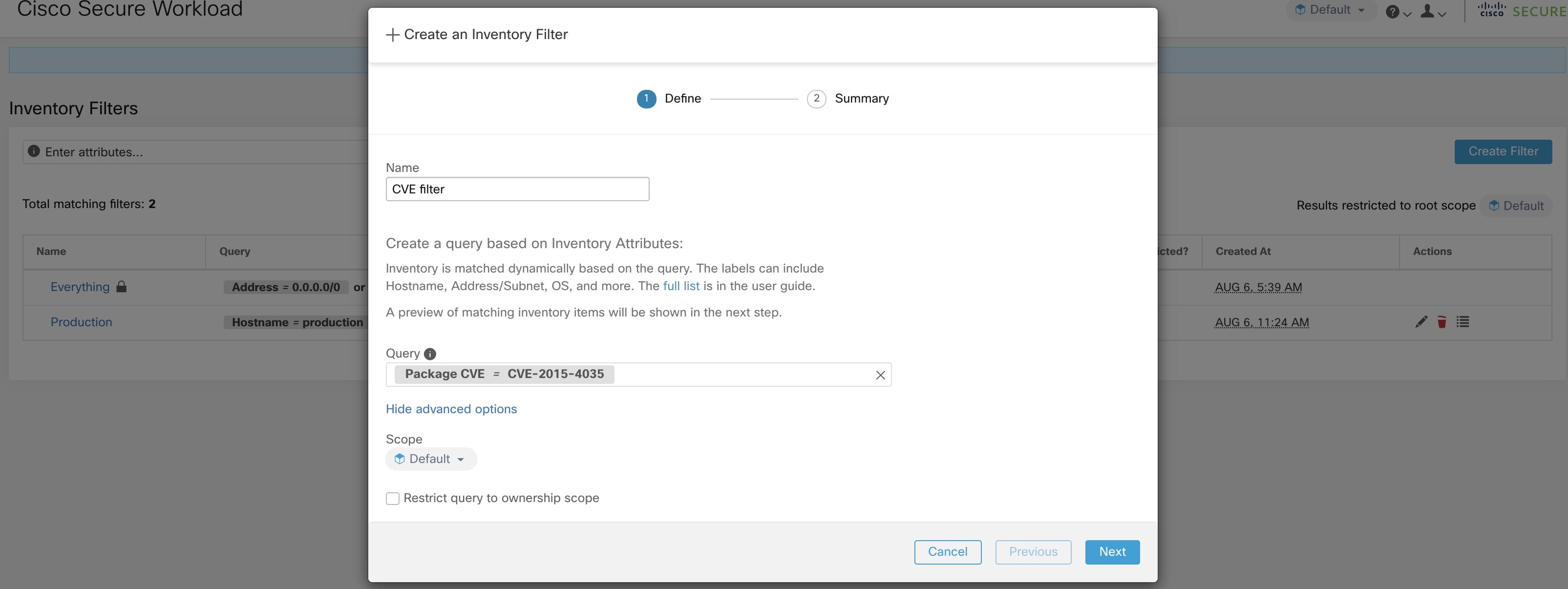 Inventory filter CVE