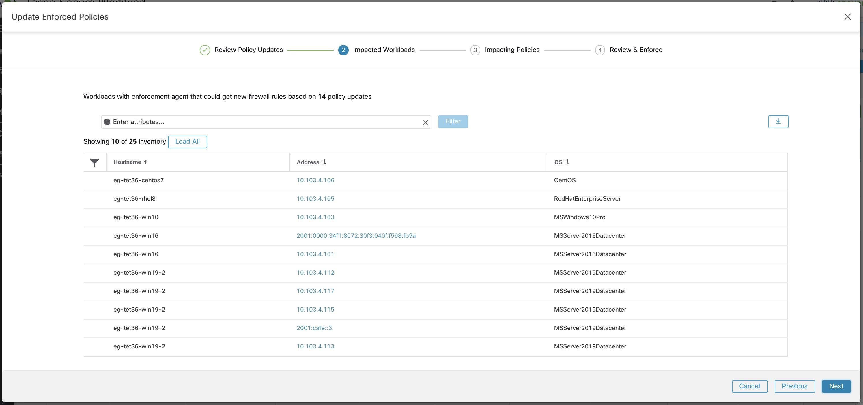 List of impacted Workloads