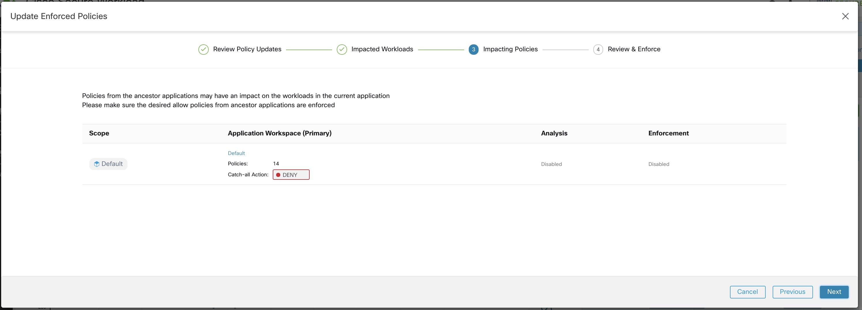 List of ancestor workspaces and enforced versions