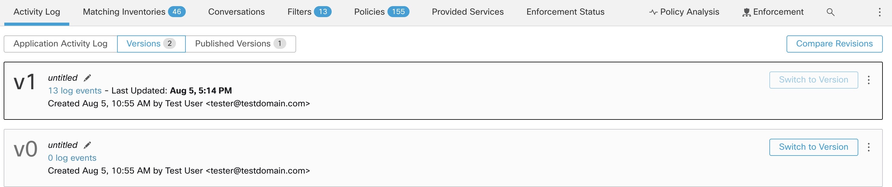 List of generated policy versions with summary information