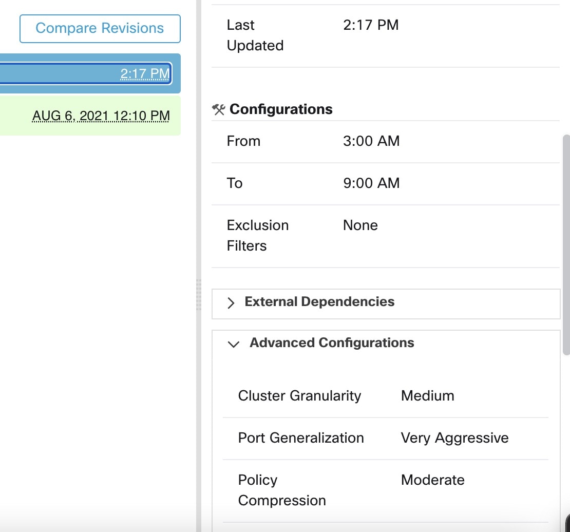 Configurations used for particular automatic policy discovery runs