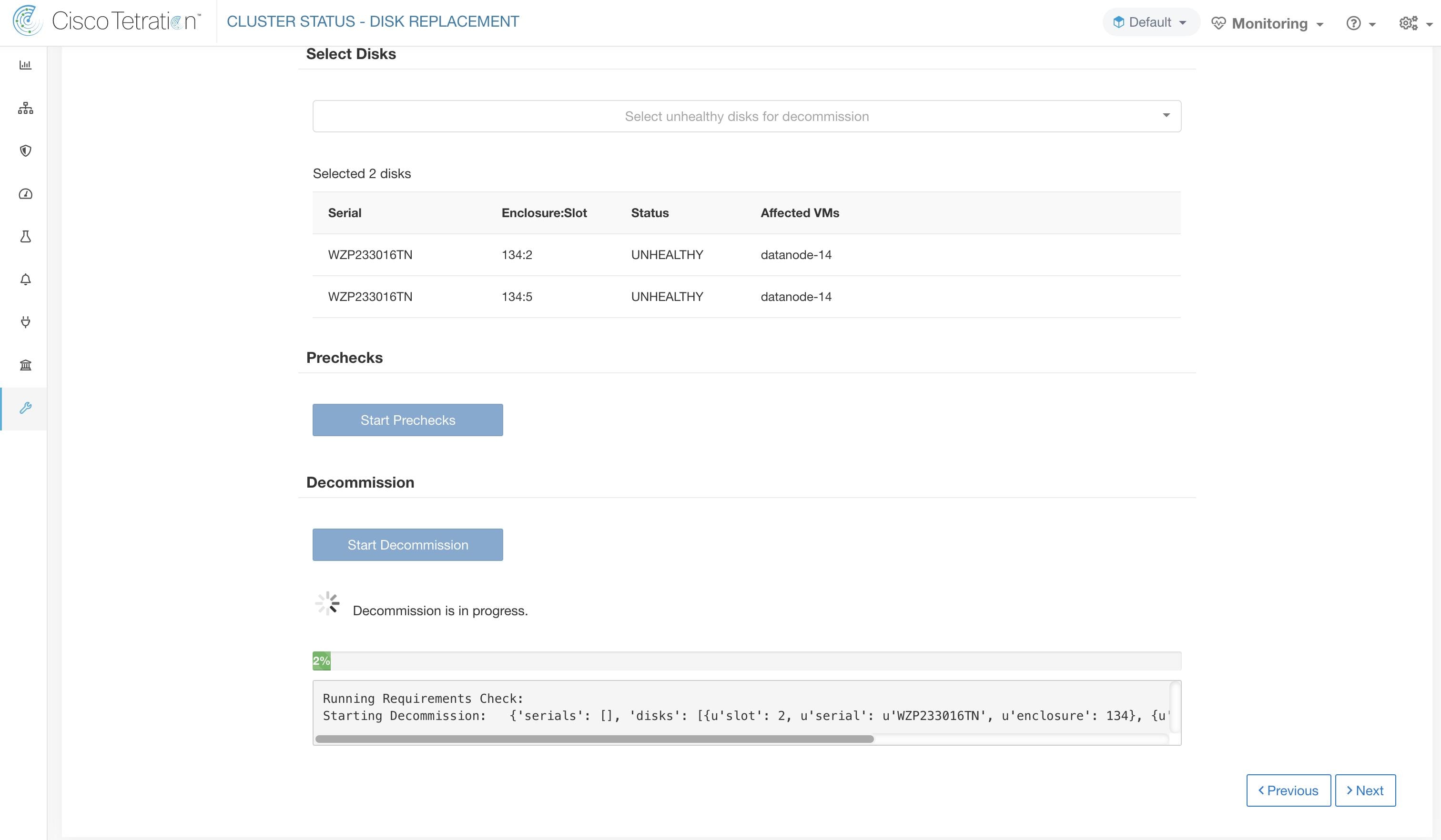 Monitoring disk decommission progress