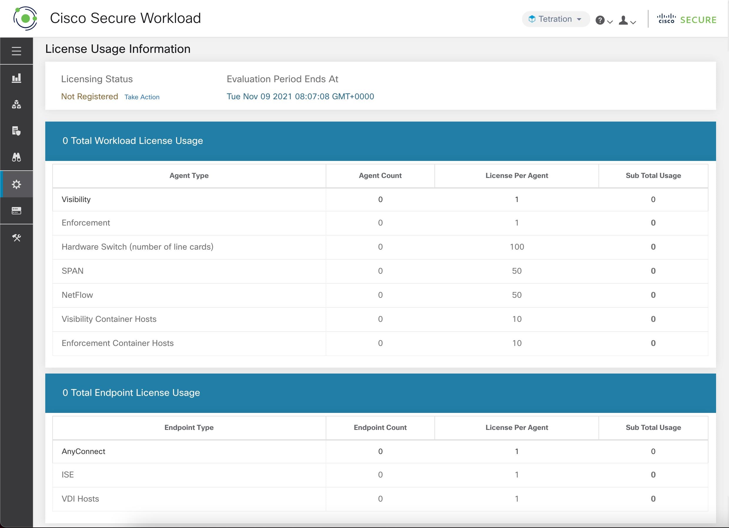 In monitoring - licenses page, detailed license information is displayed